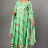 Green Anarkali Suit Set with Pink Floral Prints - Anvi Couture