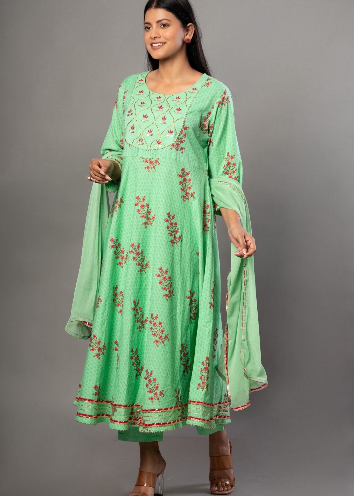 Green Anarkali Suit Set with Pink Floral Prints - Anvi Couture