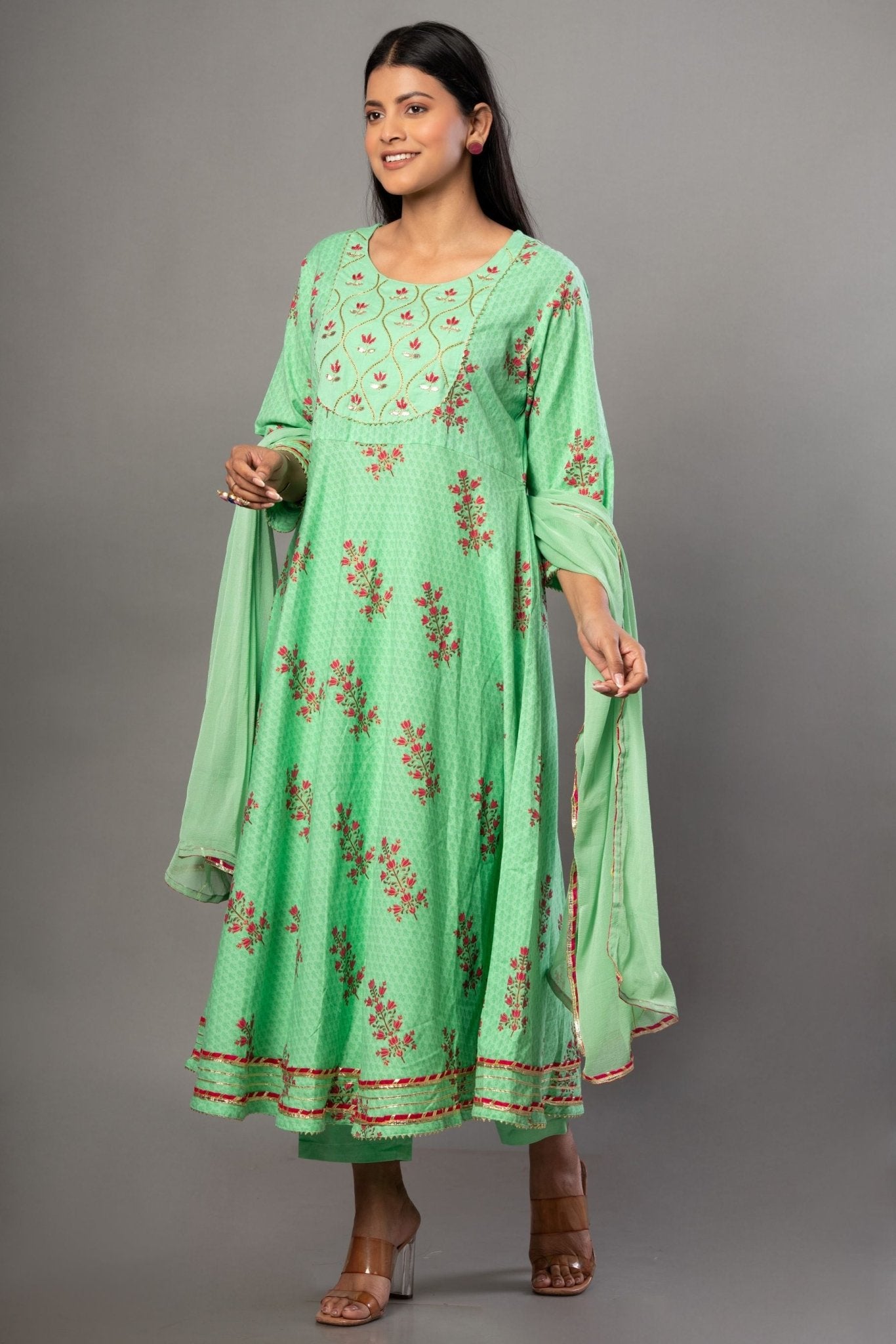 Green Anarkali Suit Set with Pink Floral Prints - Anvi Couture