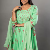 Green Anarkali Suit Set with Pink Floral Prints - Anvi Couture