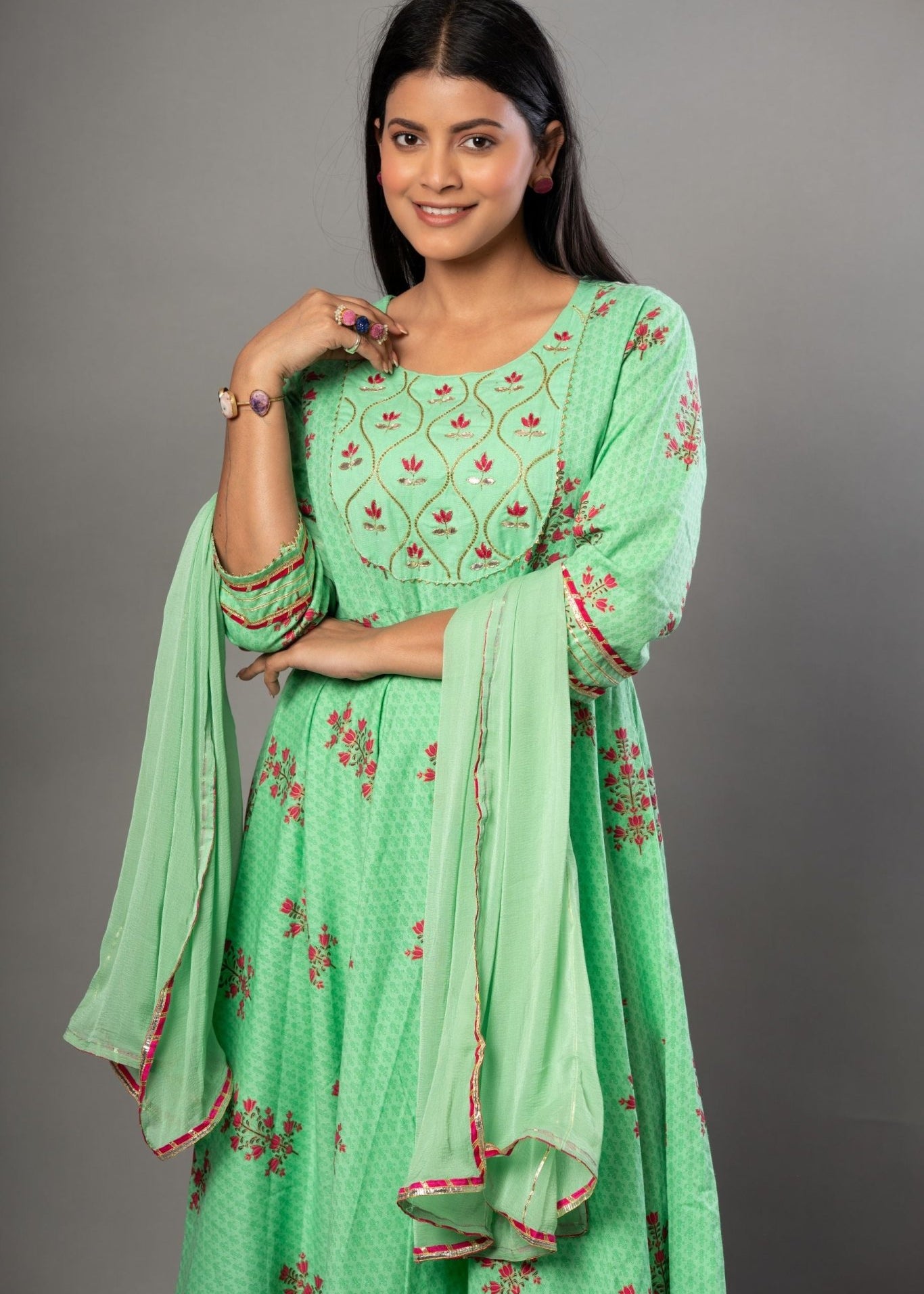 Green Anarkali Suit Set with Pink Floral Prints - Anvi Couture