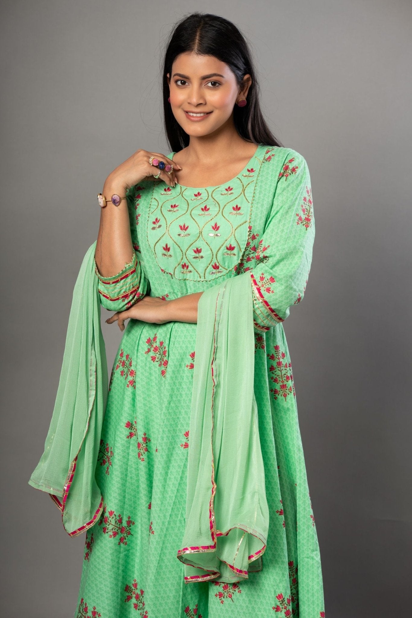 Green Anarkali Suit Set with Pink Floral Prints - Anvi Couture