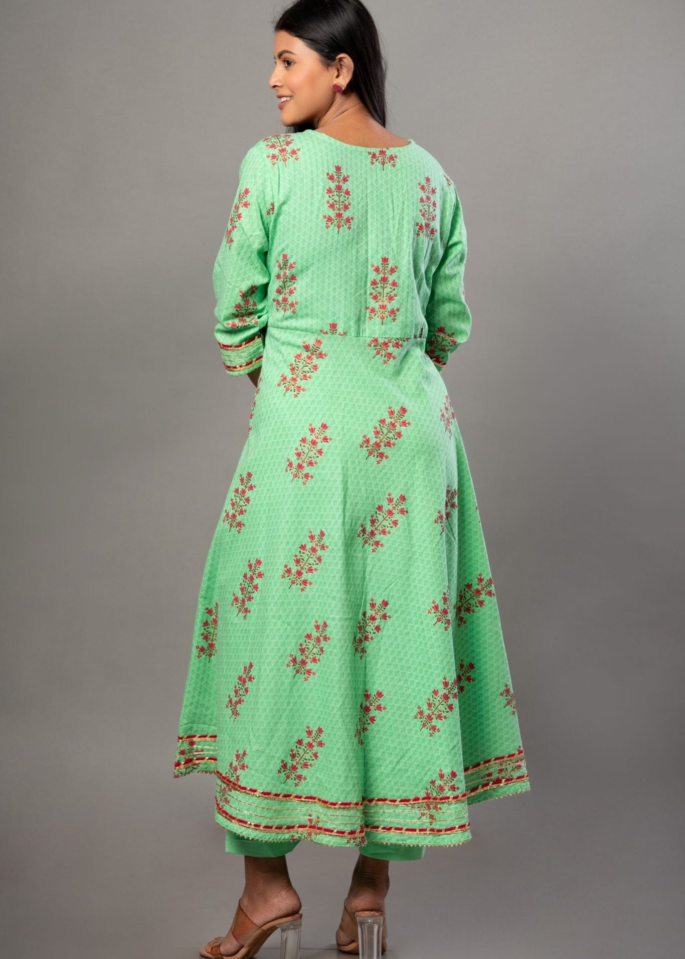 Green Anarkali Suit Set with Pink Floral Prints - Anvi Couture