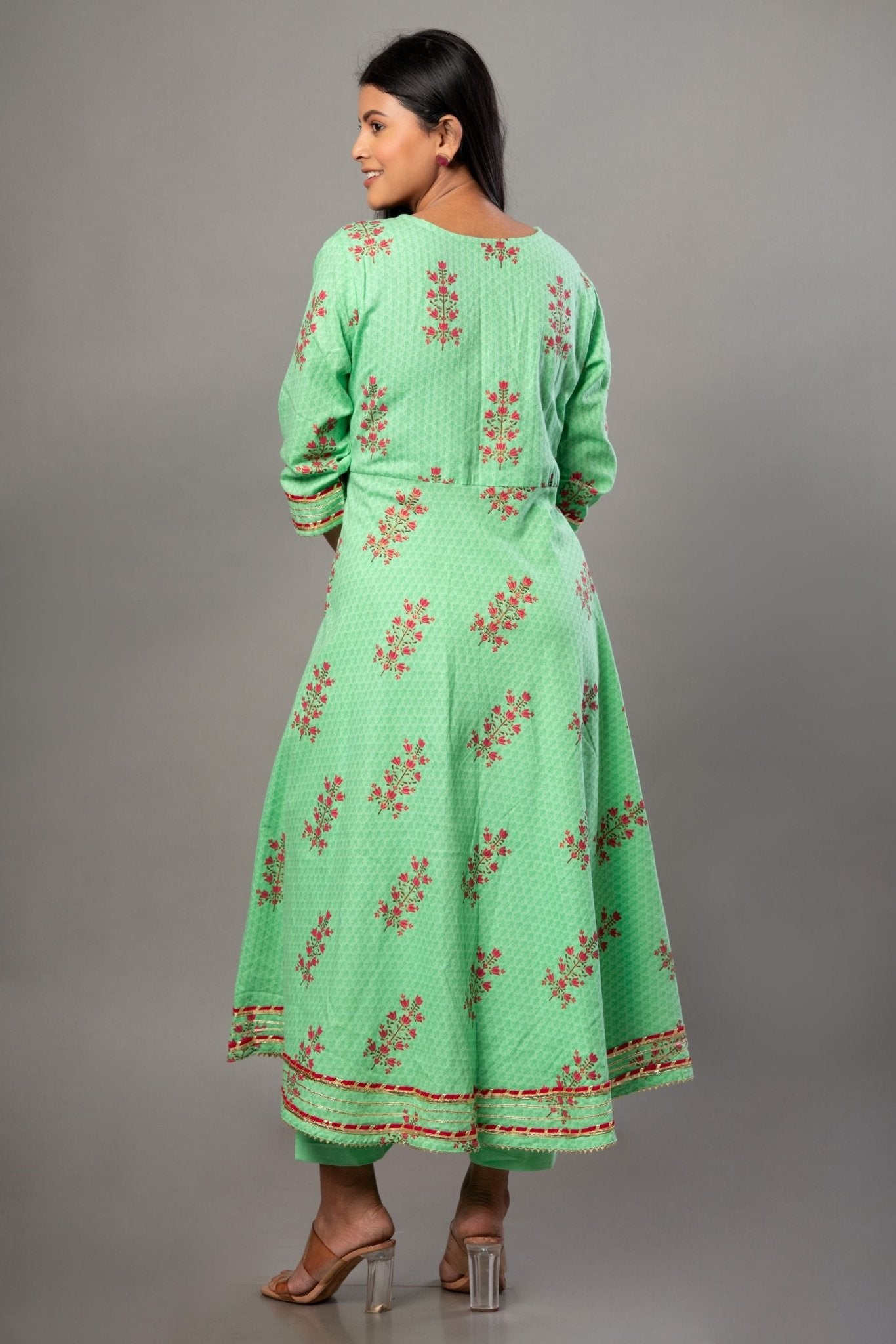 Green Anarkali Suit Set with Pink Floral Prints - Anvi Couture
