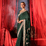 Green Bandhej Saree with Hand Embroidered Embellishment Full