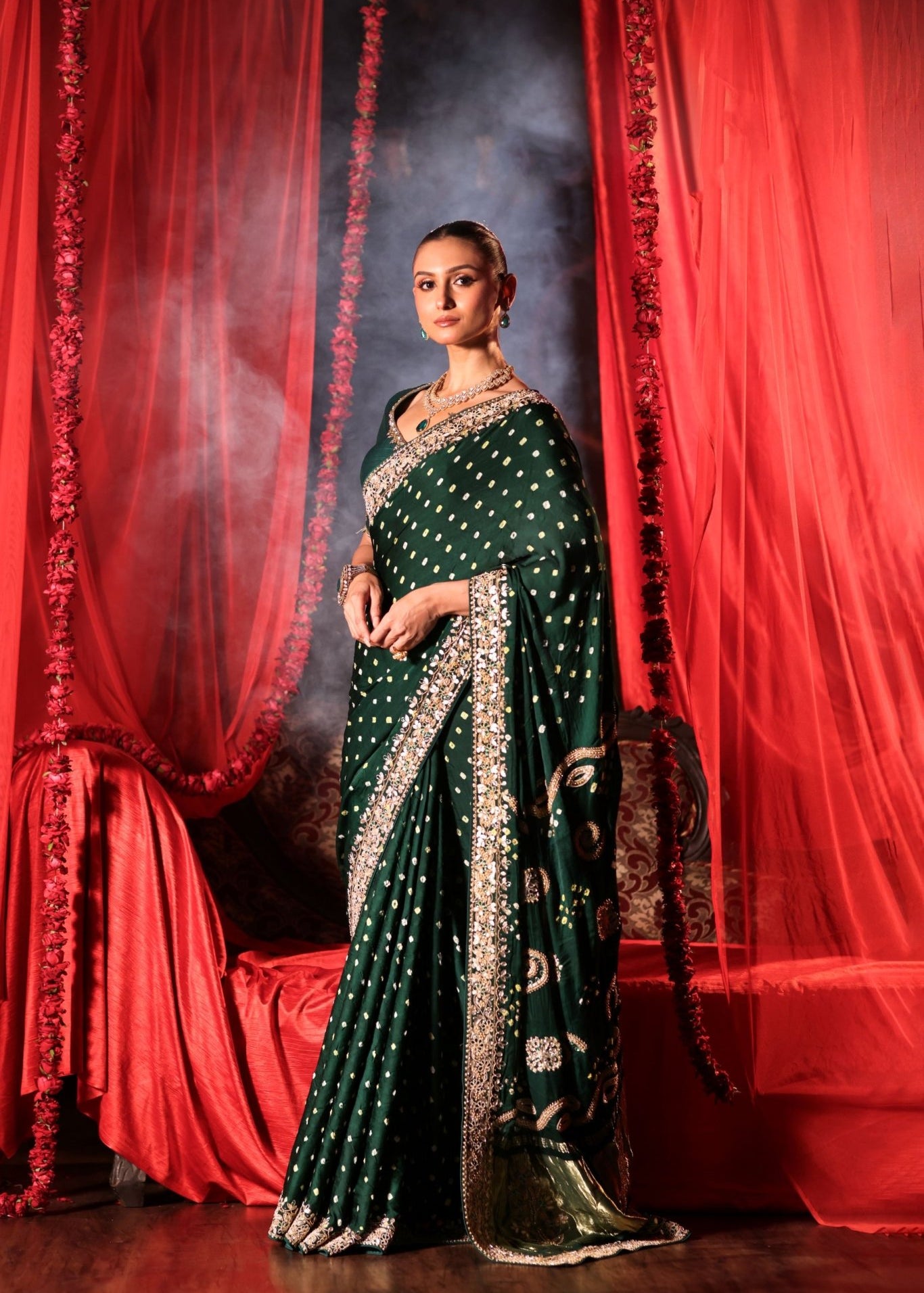 Green Bandhej Saree with Hand Embroidered Embellishment - Anvi Couture