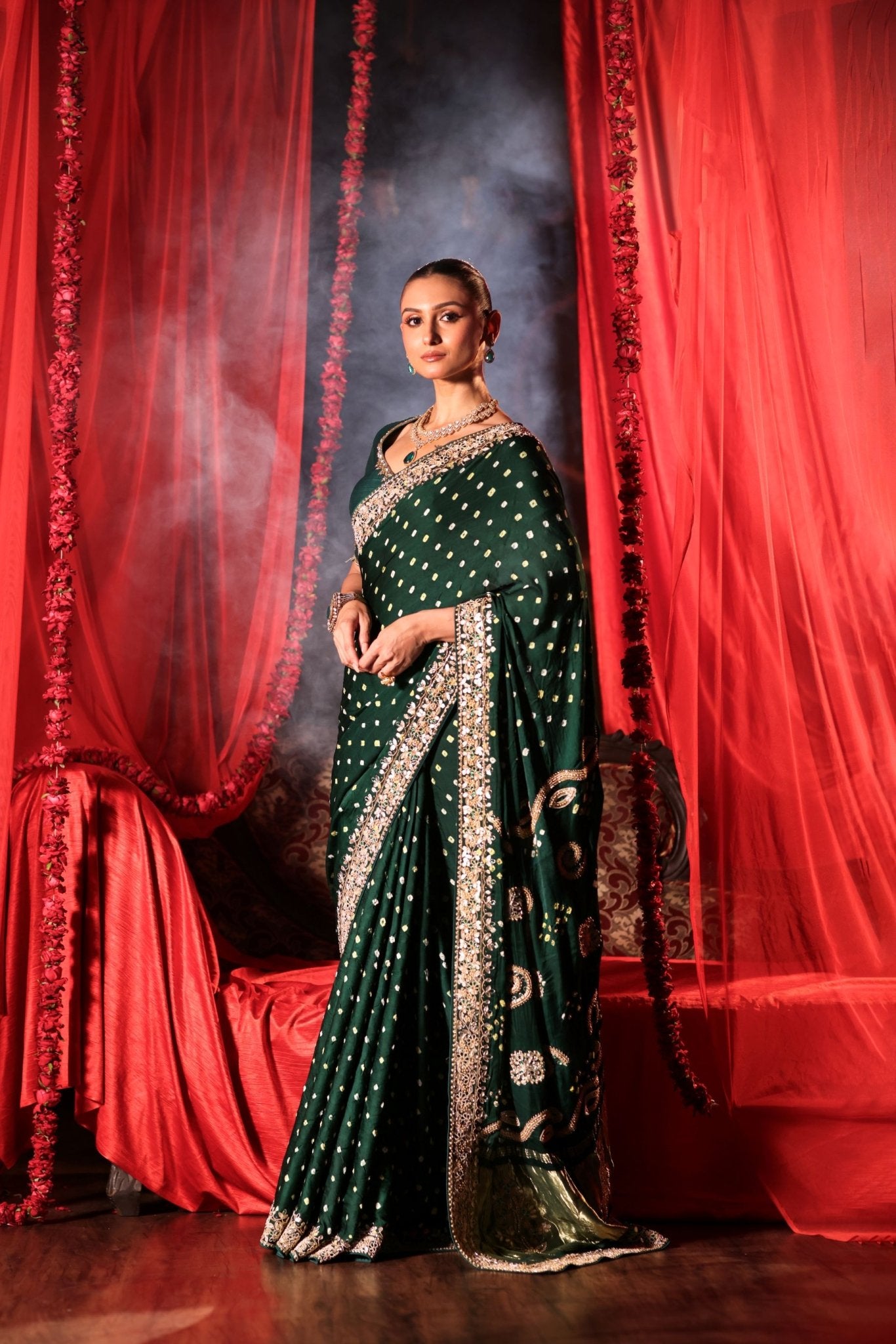 Green Bandhej Saree with Hand Embroidered Embellishment - Anvi Couture