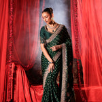 Green Bandhej Saree with Hand Embroidered Embellishment Front