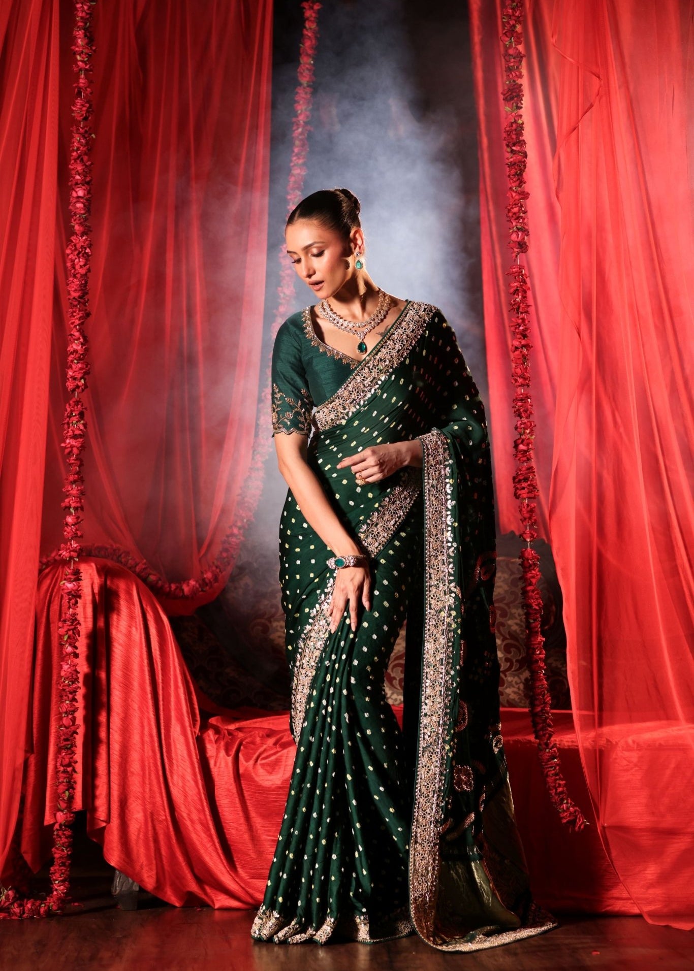 Green Bandhej Saree with Hand Embroidered Embellishment - Anvi Couture