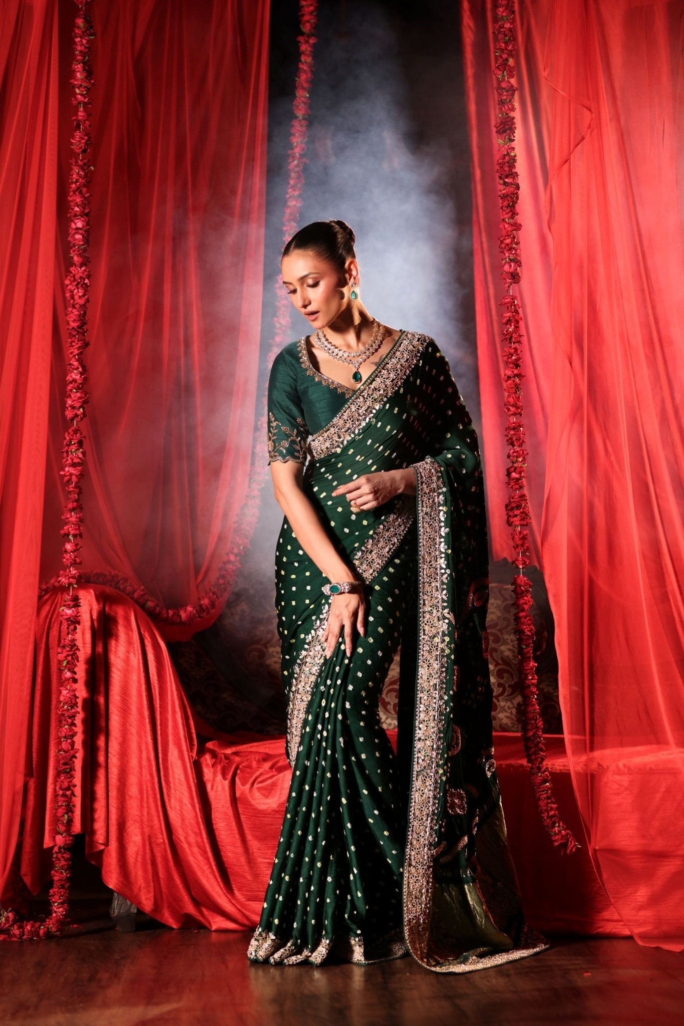 Green Bandhej Saree with Hand Embroidered Embellishment - Anvi Couture