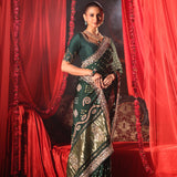 Green Bandhej Saree with Hand Embroidered Embellishment Close Up