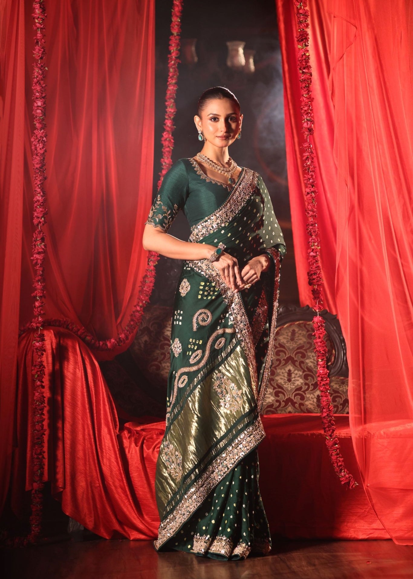 Green Bandhej Saree with Hand Embroidered Embellishment - Anvi Couture