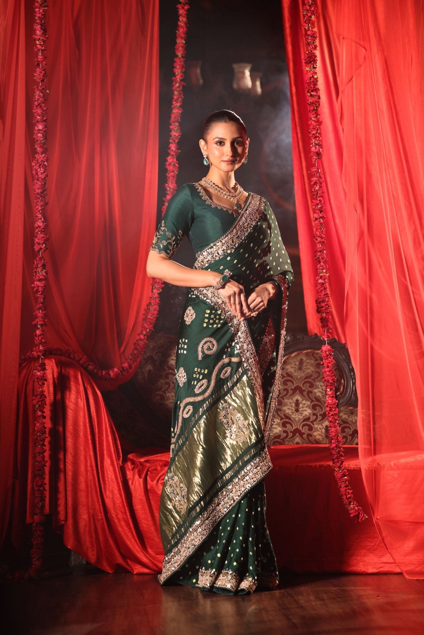 Green Bandhej Saree with Hand Embroidered Embellishment - Anvi Couture