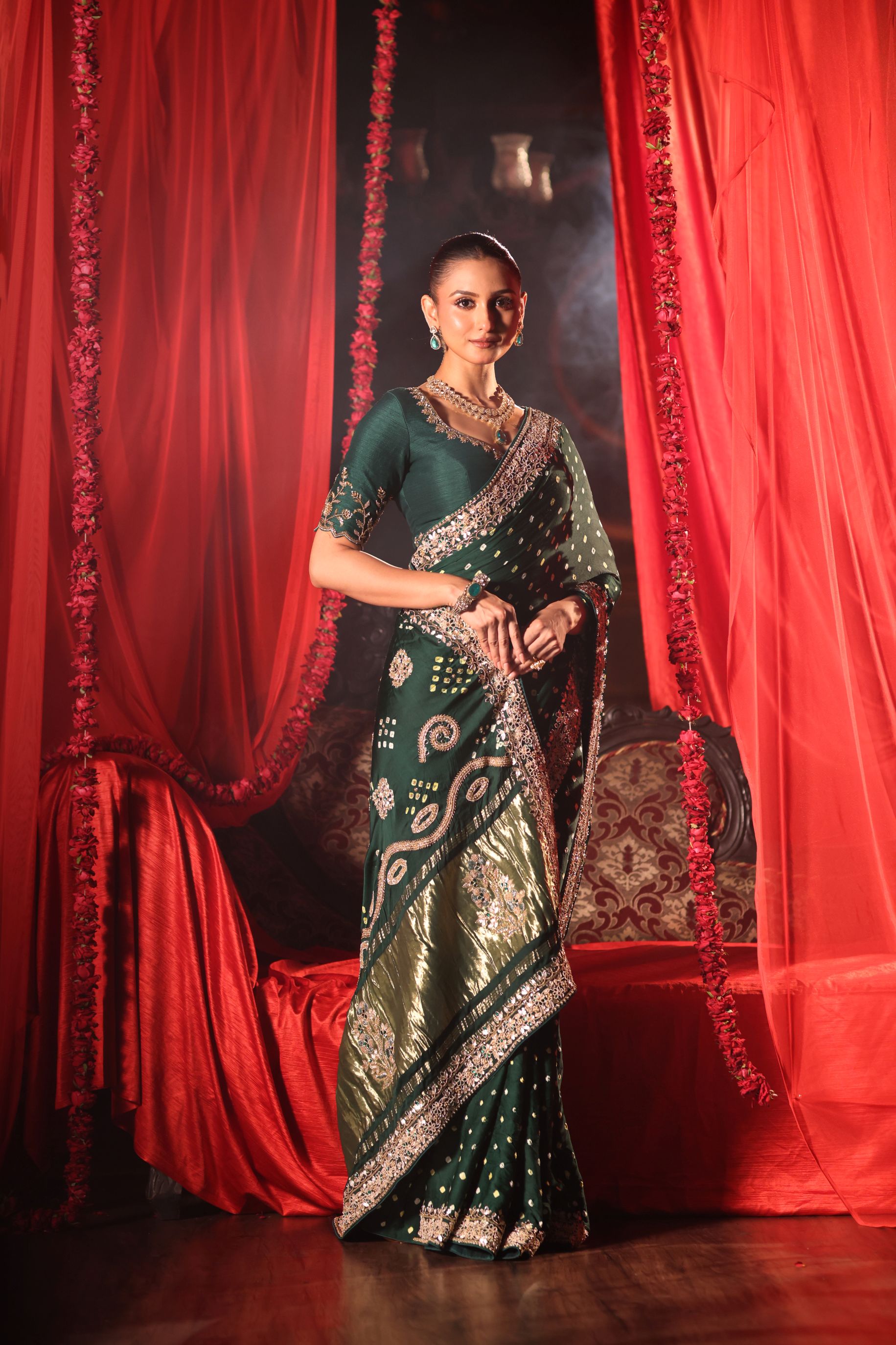 Green Bandhej Saree with Hand Embroidered Embellishment Close Up
