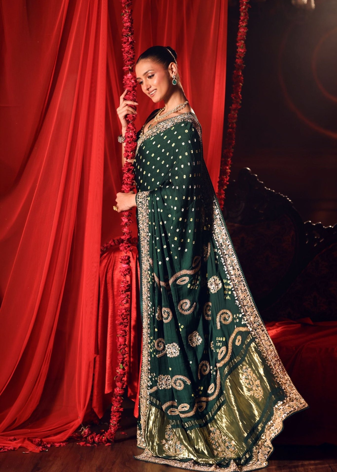 Green Bandhej Saree with Hand Embroidered Embellishment - Anvi Couture