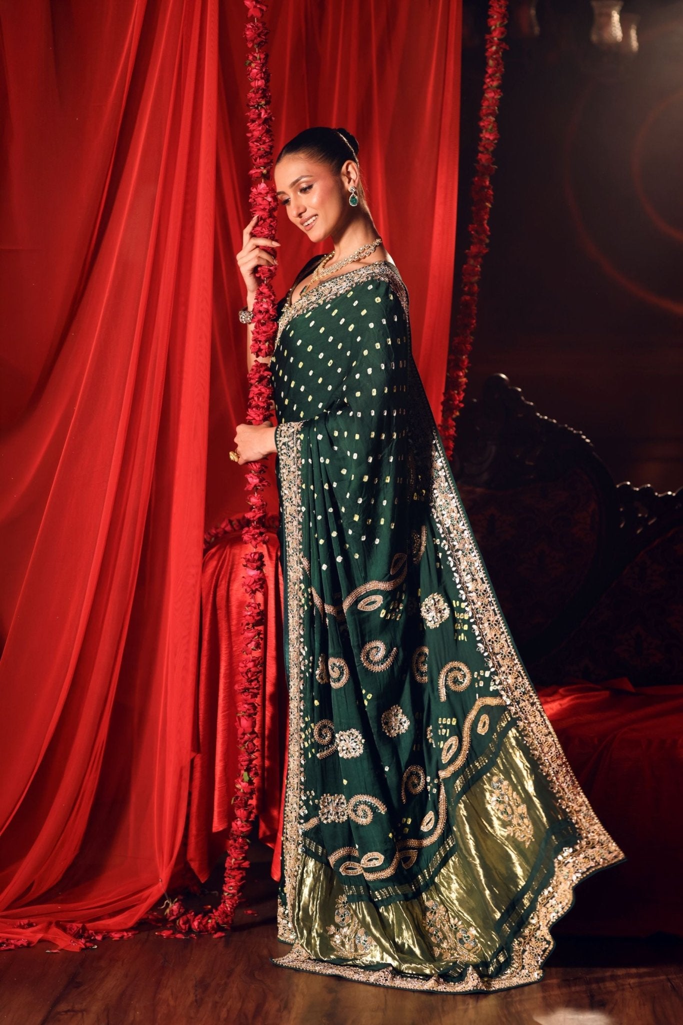 Green Bandhej Saree with Hand Embroidered Embellishment - Anvi Couture