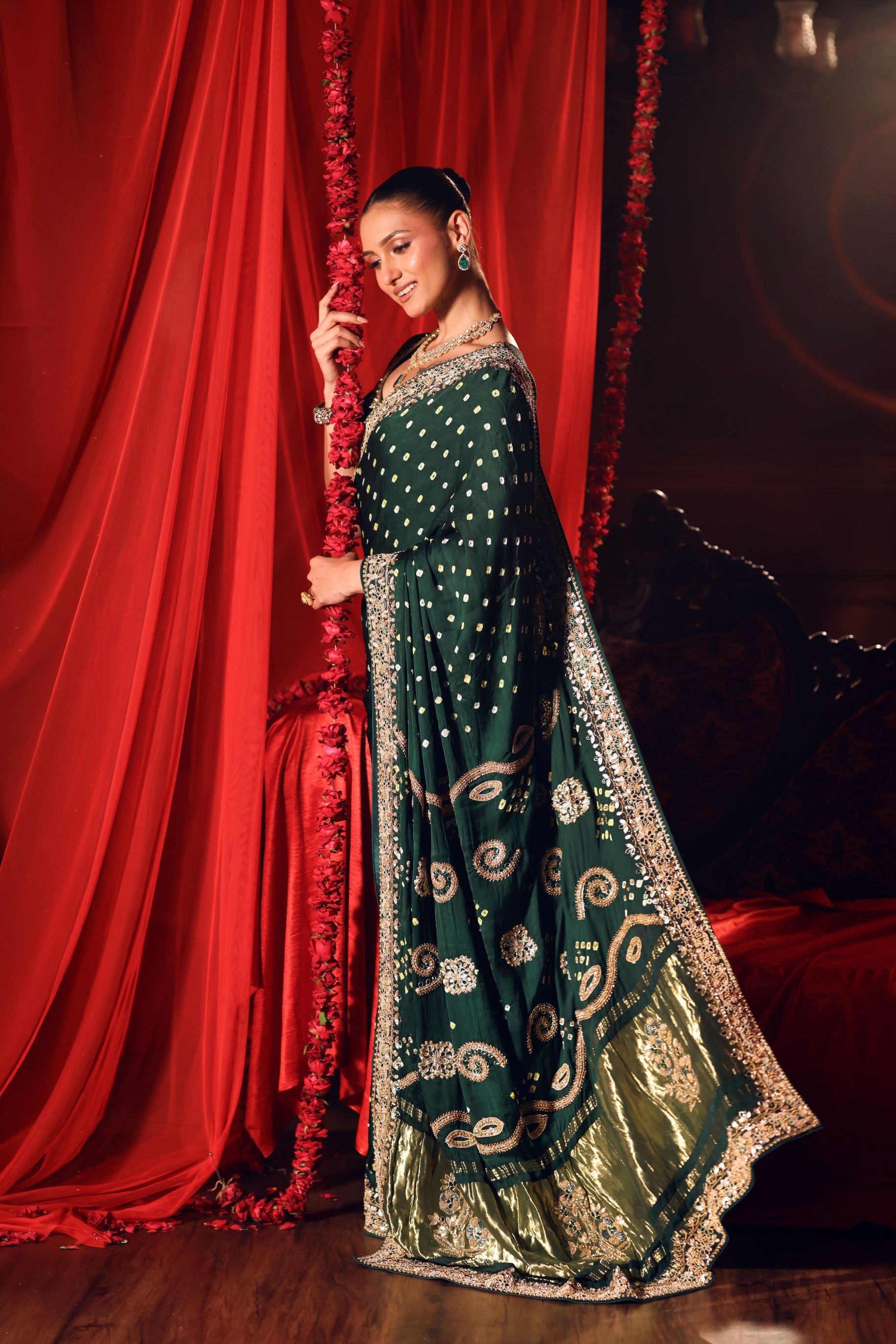 Green Bandhej Saree with Hand Embroidered Embellishment Back