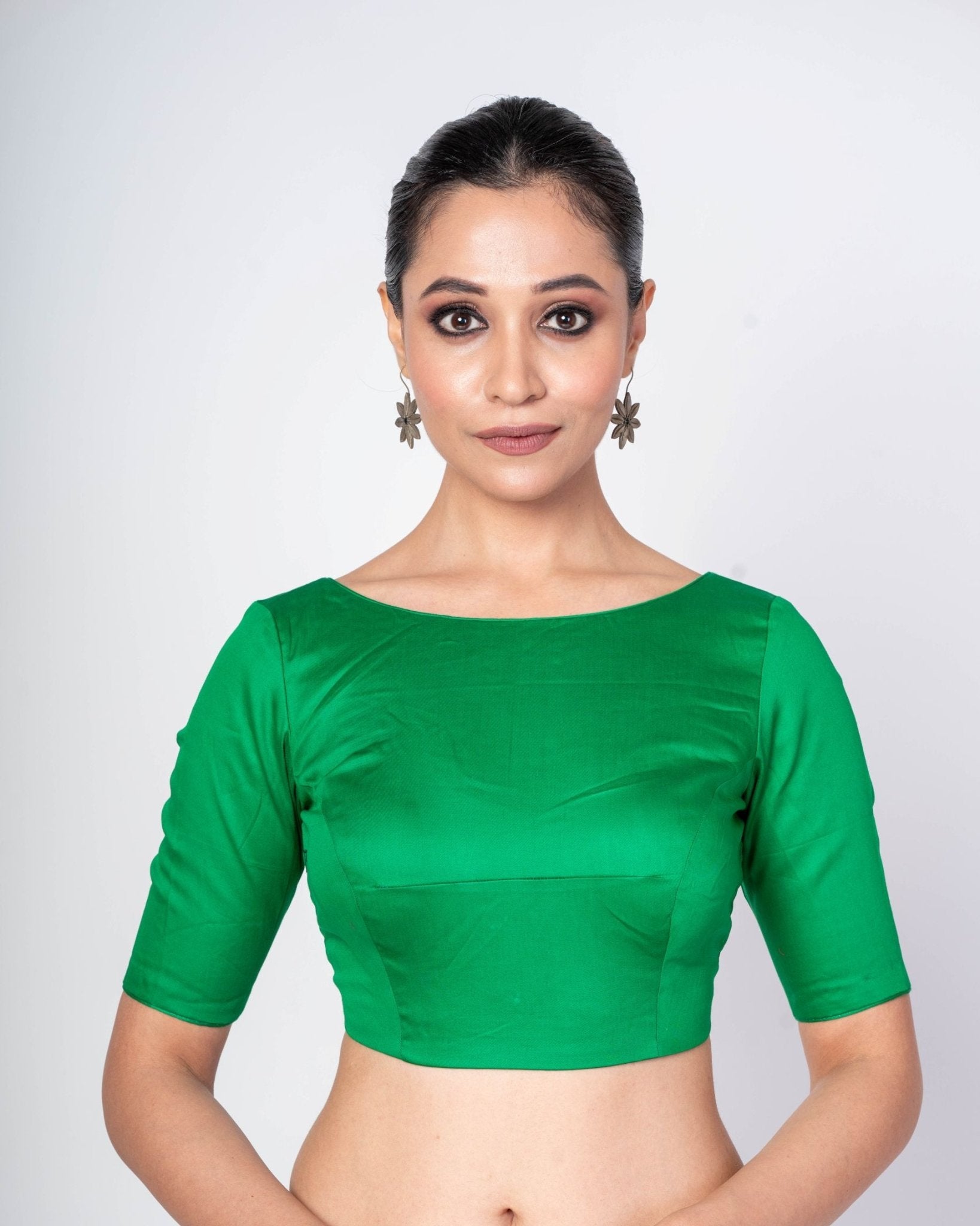 Green Boat Neck Blouse with V Back Closure - Anvi Couture