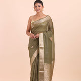 Green Chanderi Silk Saree with Golden Floral Zari Woven Work full