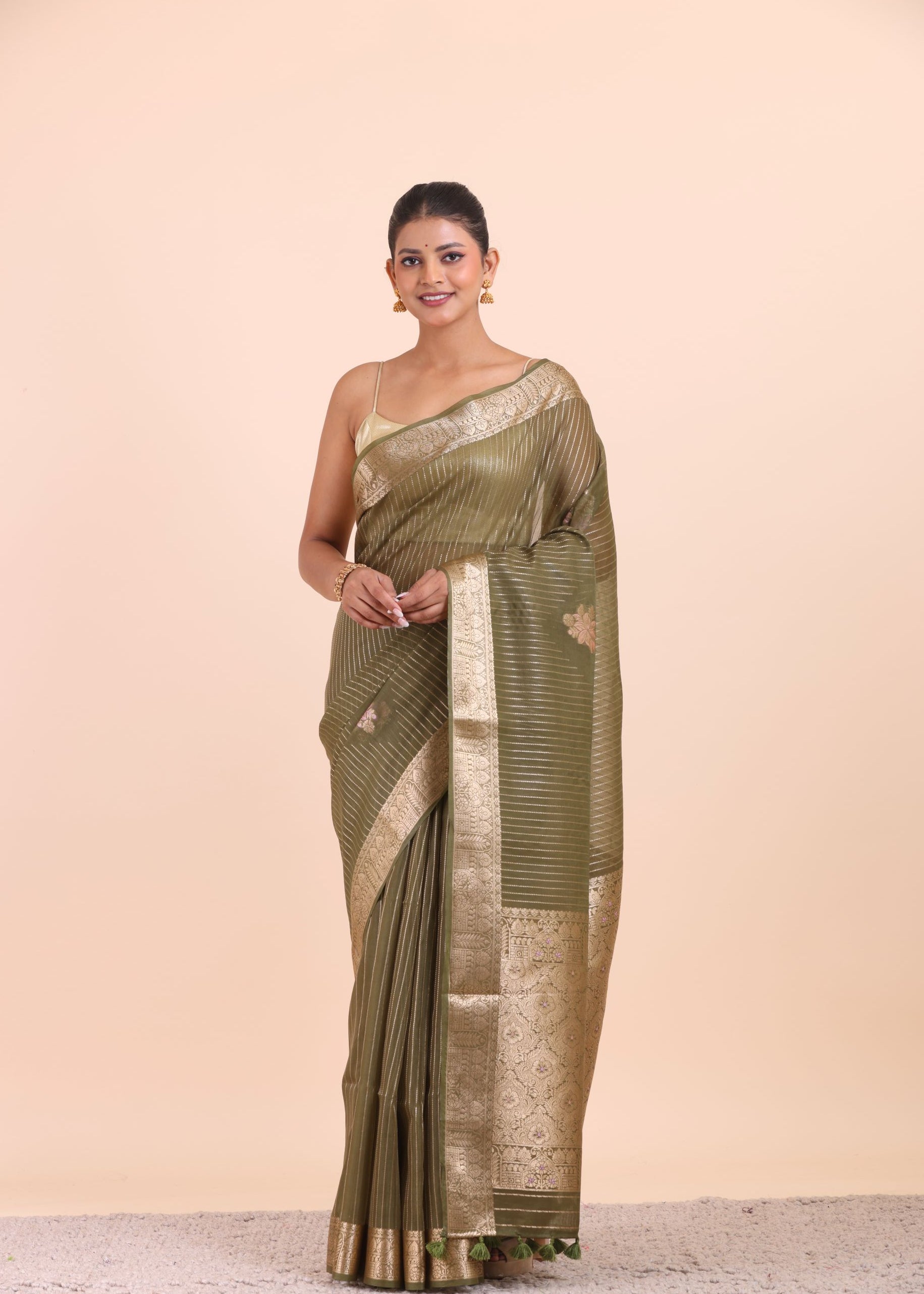 Green Chanderi Silk Saree with Golden Floral Zari Woven Work full