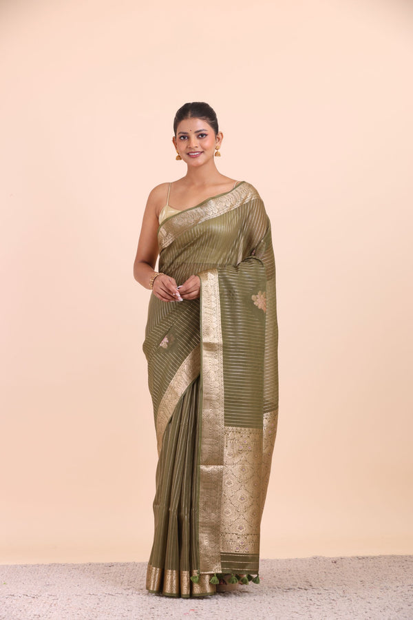 Green Chanderi Silk Saree with Golden Floral Zari Woven Work full