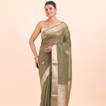Green Chanderi Silk Saree with Golden Floral Zari Woven Work front