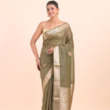Green Chanderi Silk Saree with Golden Floral Zari Woven Work front