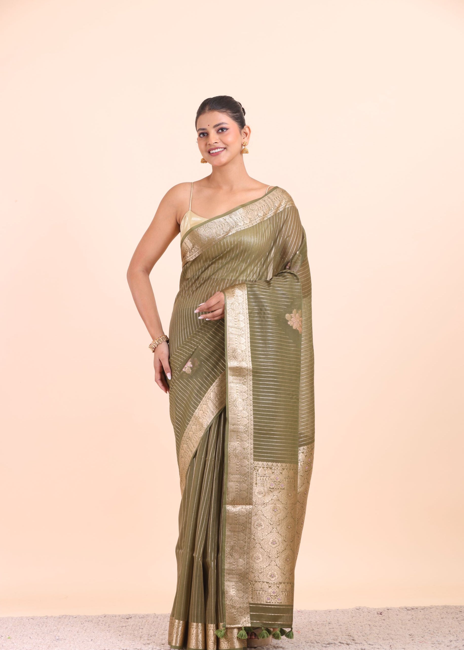 Green Chanderi Silk Saree with Golden Floral Zari Woven Work front