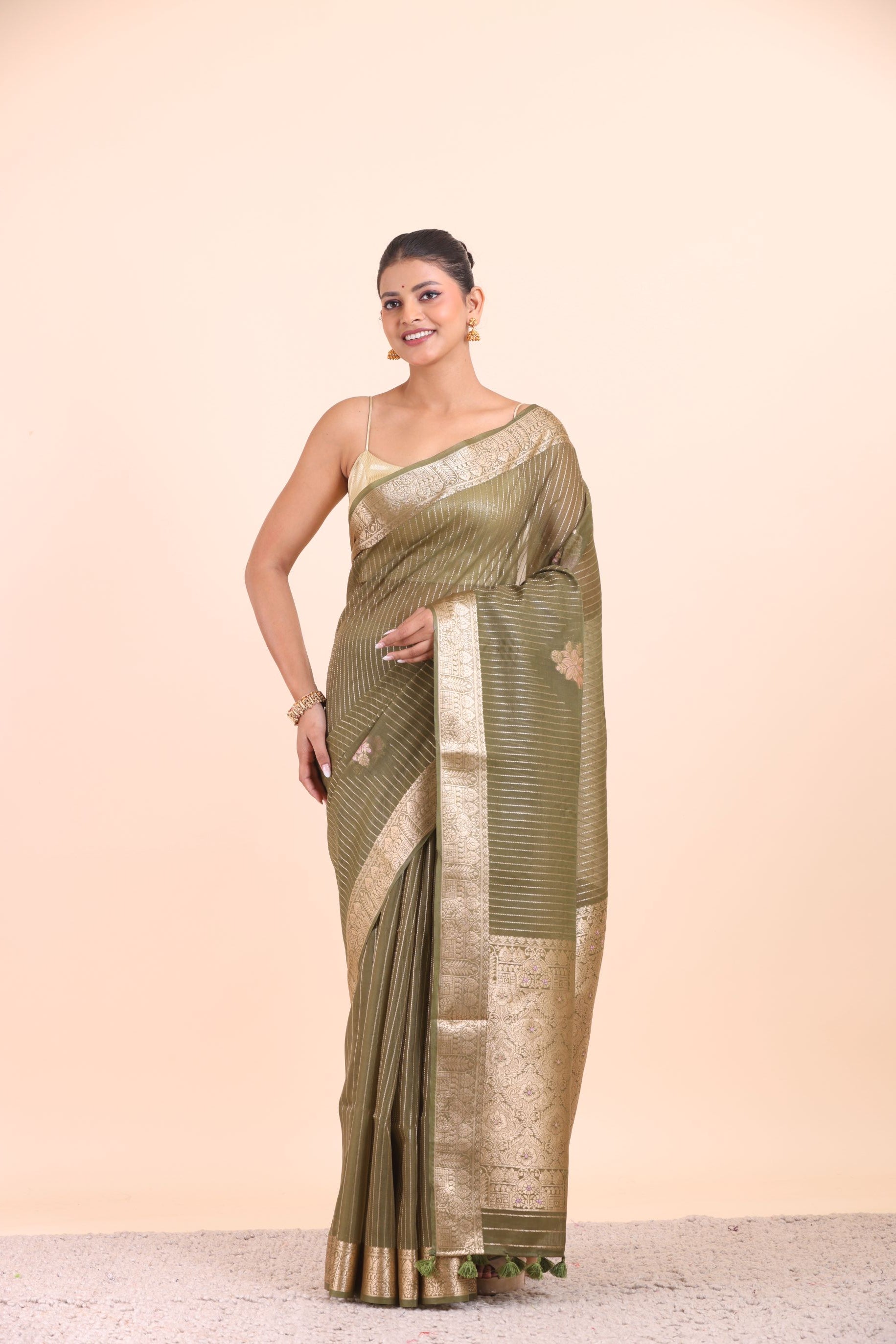Green Chanderi Silk Saree with Golden Floral Zari Woven Work front