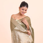 Green Chanderi Silk Saree with Golden Floral Zari Woven Work close up