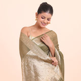 Green Chanderi Silk Saree with Golden Floral Zari Woven Work close up