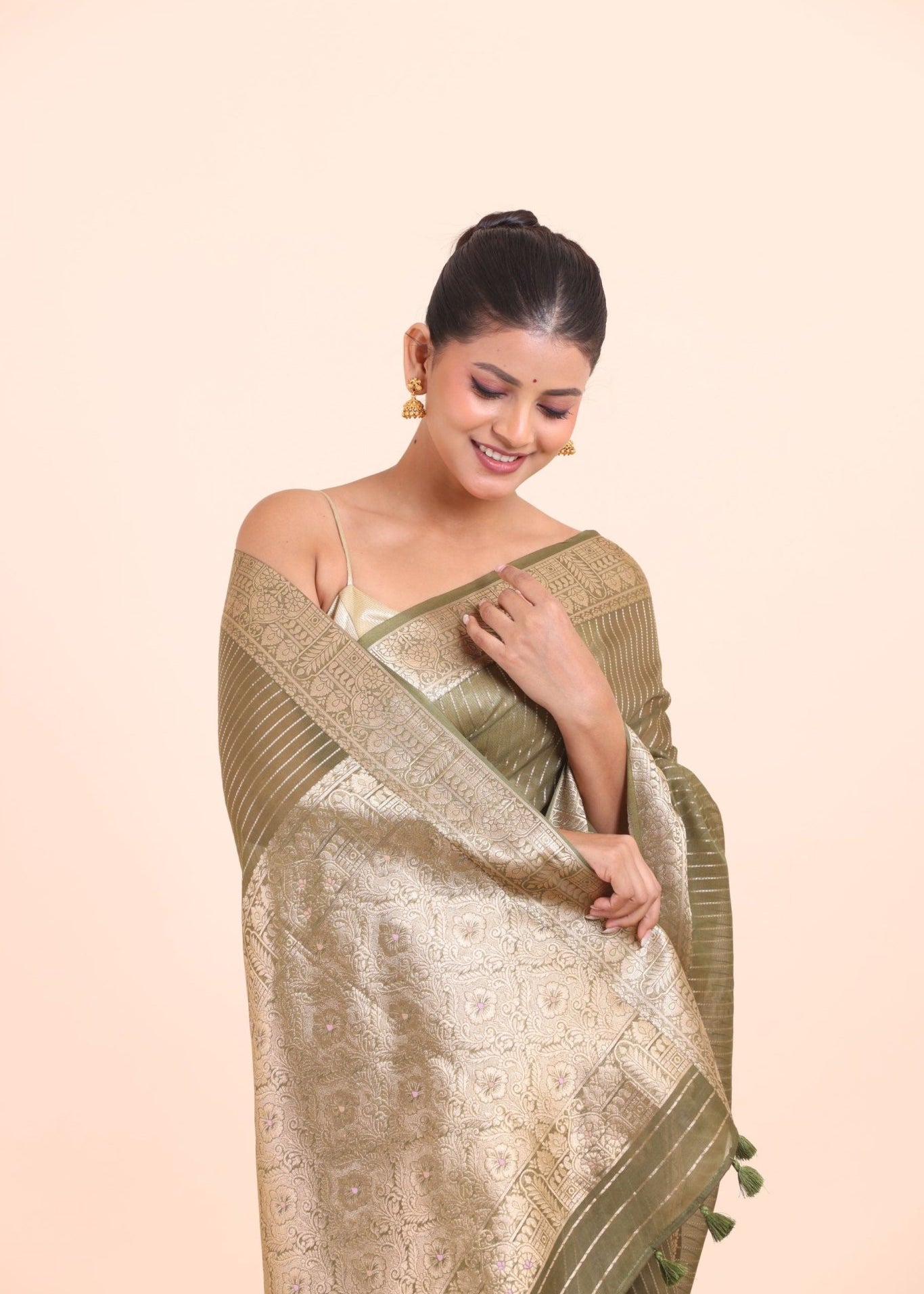 Green Chanderi Silk Saree with Golden Floral Zari Woven Work - Anvi Couture