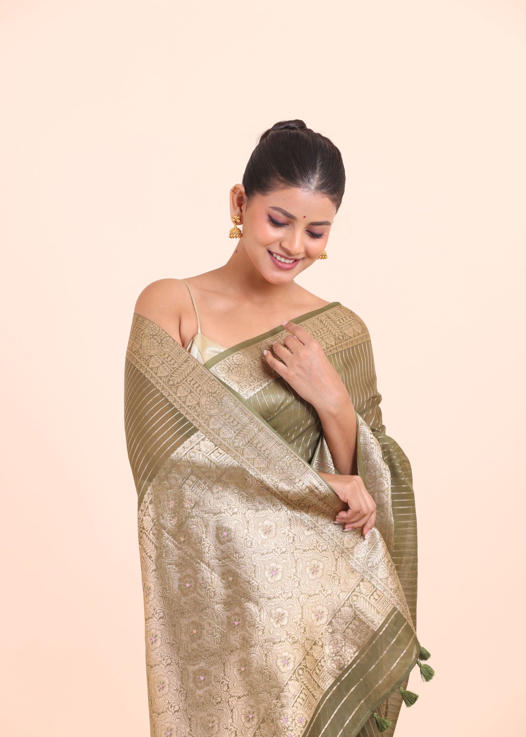 Green Chanderi Silk Saree with Golden Floral Zari Woven Work close up