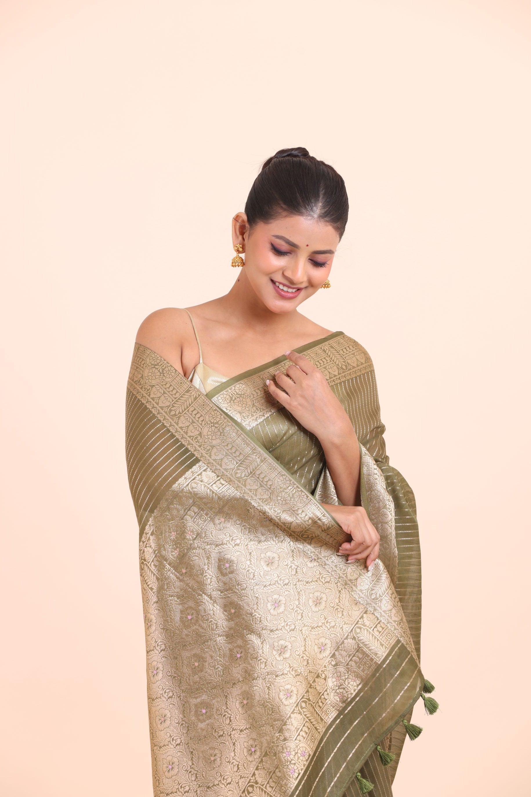 Green Chanderi Silk Saree with Golden Floral Zari Woven Work close up