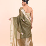 Green Chanderi Silk Saree with Golden Floral Zari Woven Work back