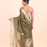 Green Chanderi Silk Saree with Golden Floral Zari Woven Work back