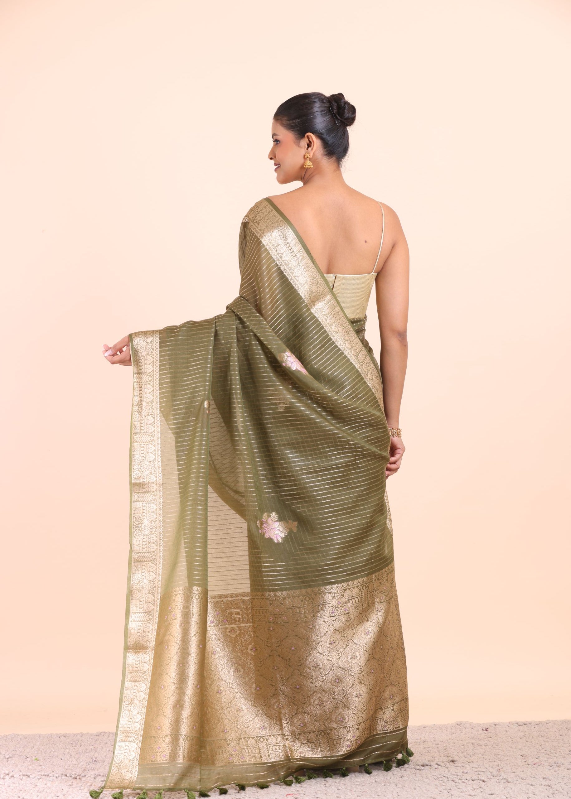 Green Chanderi Silk Saree with Golden Floral Zari Woven Work back