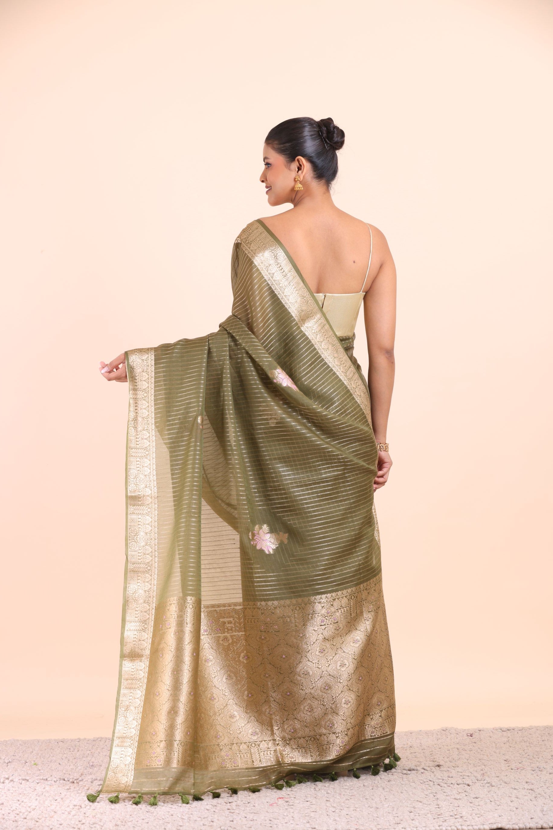 Green Chanderi Silk Saree with Golden Floral Zari Woven Work back