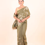 Green Chanderi Silk Saree with Silver Floral Zari Woven Work full