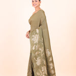 Green Chanderi Silk Saree with Silver Floral Zari Woven Work front