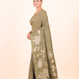 Green Chanderi Silk Saree with Silver Floral Zari Woven Work front