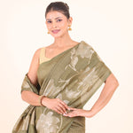 Green Chanderi Silk Saree with Silver Floral Zari Woven Work close up