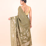 Green Chanderi Silk Saree with Silver Floral Zari Woven Work back