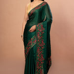Green Chiffon Saree with Red Floral Embroidered Work - Anvi Couture