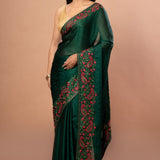 Green Chiffon Saree with Red Floral Embroidered Work - Anvi Couture