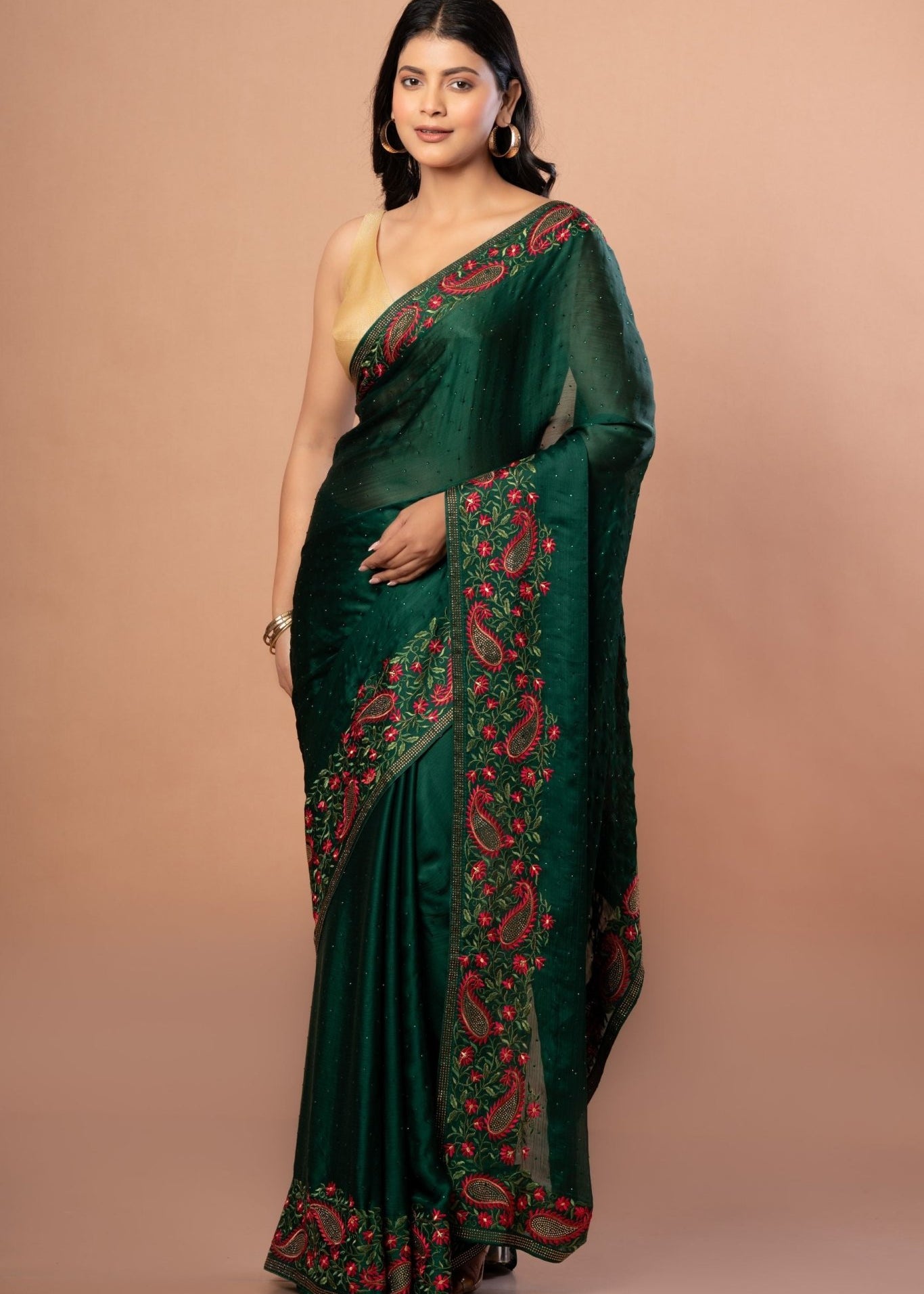 Green Chiffon Saree with Red Floral Embroidered Work - Anvi Couture