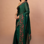 Green Chiffon Saree with Red Floral Embroidered Work - Anvi Couture