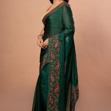 Green Chiffon Saree with Red Floral Embroidered Work - Anvi Couture