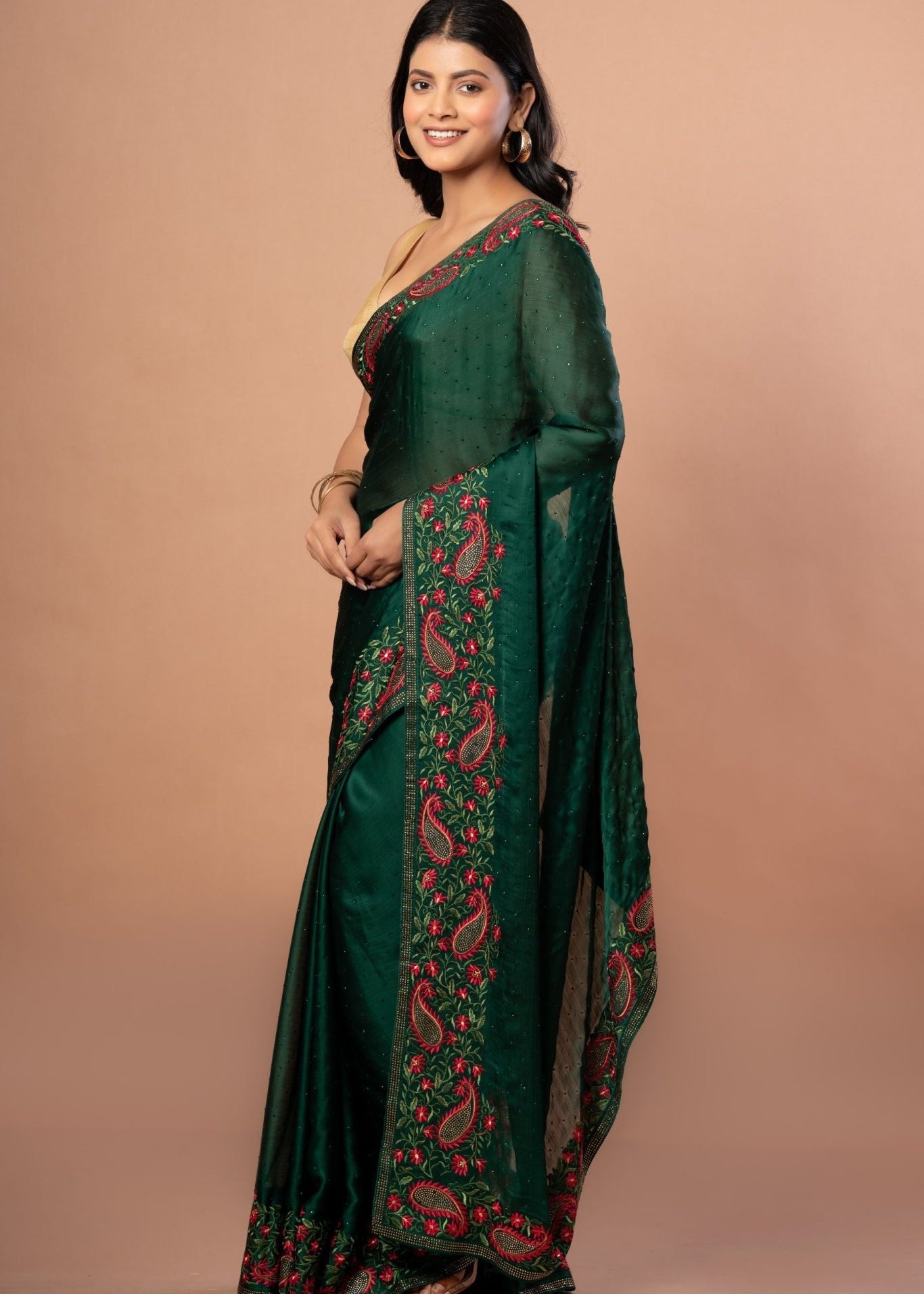 Green Chiffon Saree with Red Floral Embroidered Work - Anvi Couture