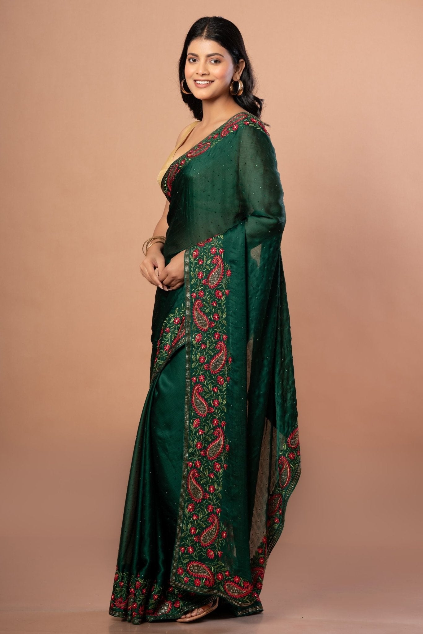 Green Chiffon Saree with Red Floral Embroidered Work - Anvi Couture